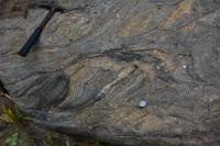 Xenólito decimétrico de gnaisse em migmatito. Martelo orientado para Norte.