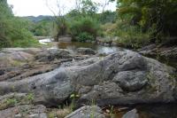 Xenólitos de anfibolito deformados em reologia dúctil. Martelo orientado para Norte.
