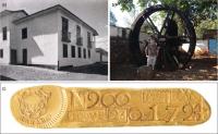 O Museu do Ouro de Sabará. a) Casa de Fundição e Intendência onde está instalado o Museu do Ouro (Fotografia compilada de Dinnouti 2009); b) Réplica de um moinho de pilão californiano; c) barra de ouro do século XVIII, com o cunho da Coroa Portuguesa e timbre da Vila Real de Sabará, marcação feita com o brasão da Coroa Portuguesa, autenticando a fundição como uma repartição oficial (Foto de Daniel Mansur, compilado de Rosa et al. 2017).